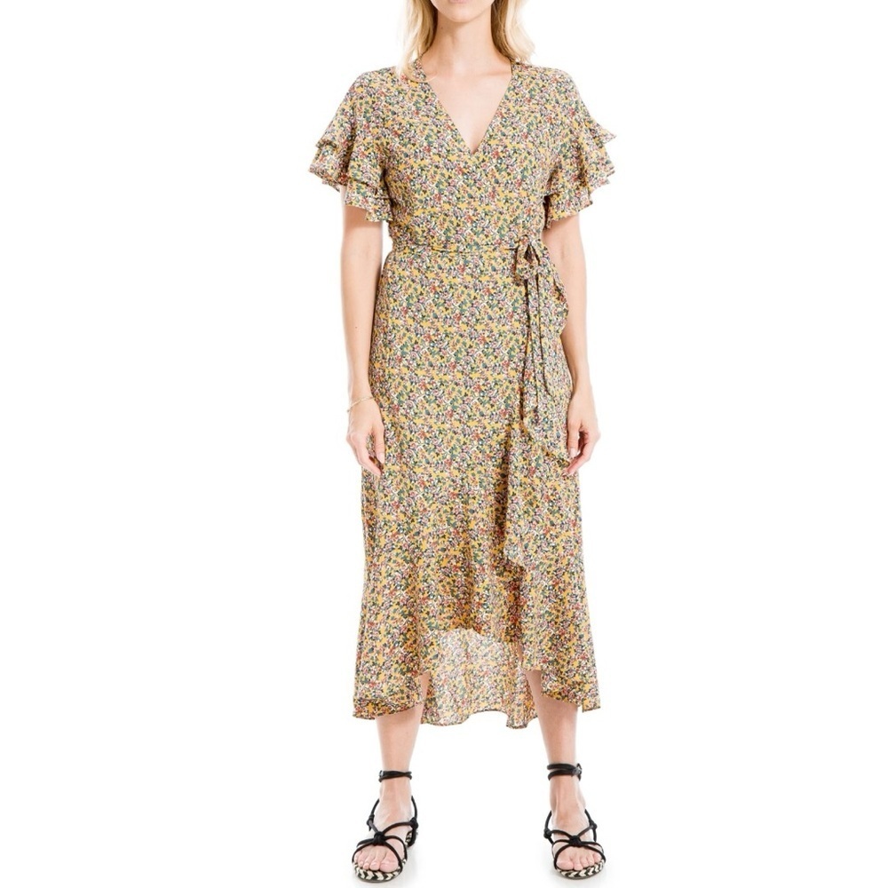 Max Studio Printed Wrap Ruffle Sleeves Dress Women’s Size XS High Low Midi